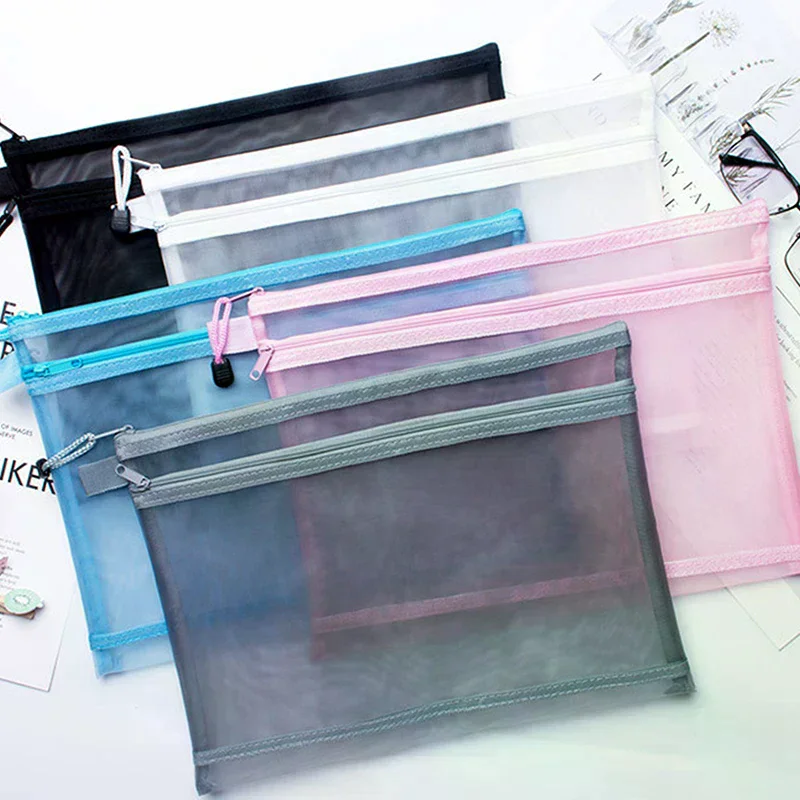 A4 A5 A6 Portable Double-layer Mesh Zipper File Bag Transparent Student Test Paper Data Storage Bag Office Files Stationery