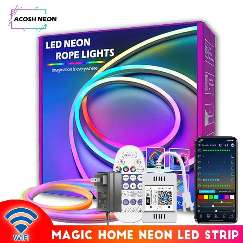 32.8ft 10M WIFI RGBIC Neon Rope Light 24V Magic Home LED Strip Lights with Music Sync Works with Alexa and Google Assistant