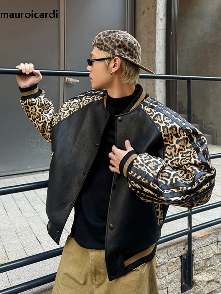Mauroicardi Spring Autumn Cool Short Leopard Print Patchwork Black Pu Leather Jacket Men Zipper Fashion Baseball Clothes