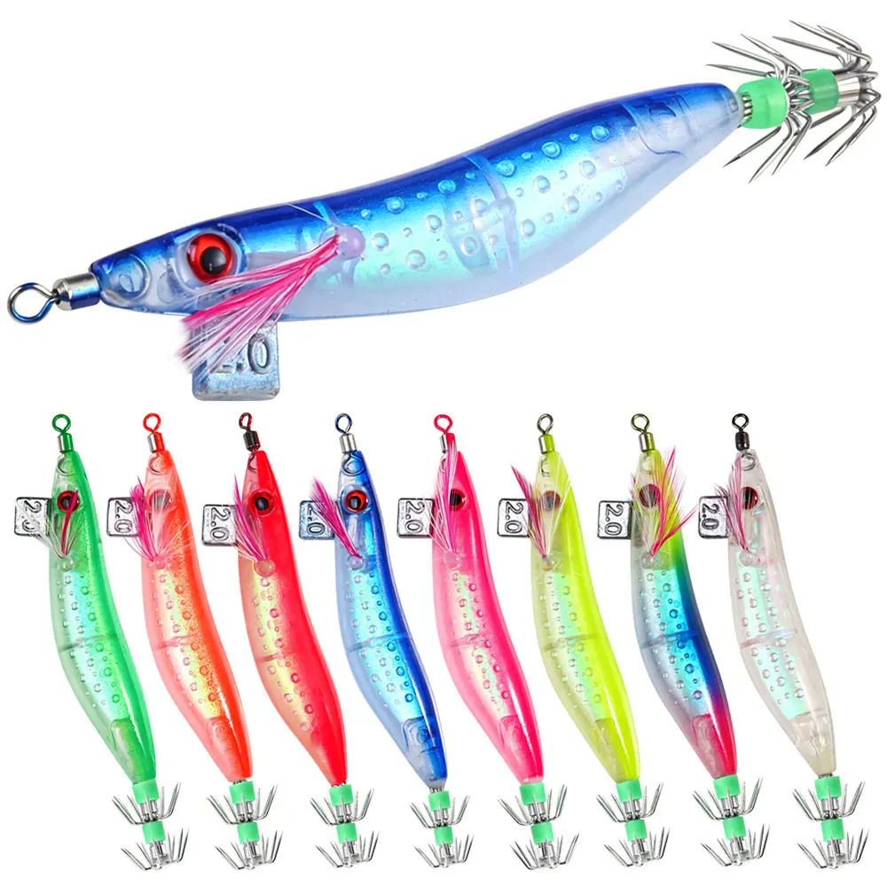 5pcs 9.4cm 9.1g Luminous Squid Jig Lure Set 2.0# Glow Wood Shrimp Hard Bait for Octopus Cuttlefish Saltwater Fishing Tackle