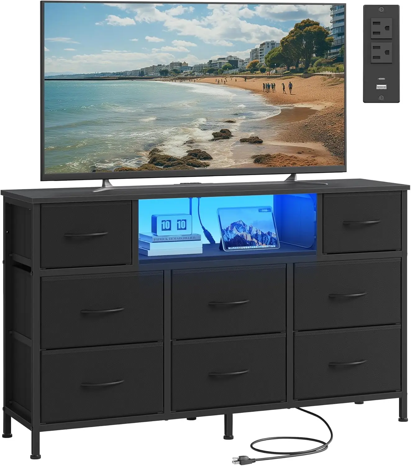 Industrial Modern Dresser with Outlets & LED Lights, 8-Drawer TV Stand for Up to 55