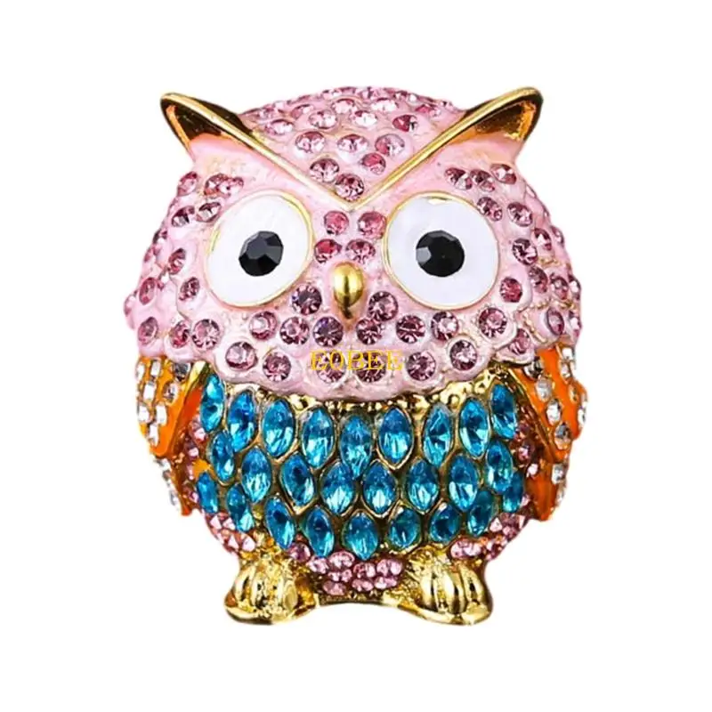 

E0BE Elegant Owl Themed Jewelry Organizers With Diamonds Accent Secure Metal Case for Rings Collections
