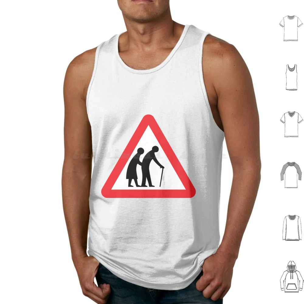 Señal de tráfico del Reino Unido: Peatones frágiles por delante (Tsrgdno 544.2) Camisetas sin mangas divertidas con señales de tráfico del Reino Unido, señales de carretera, calle