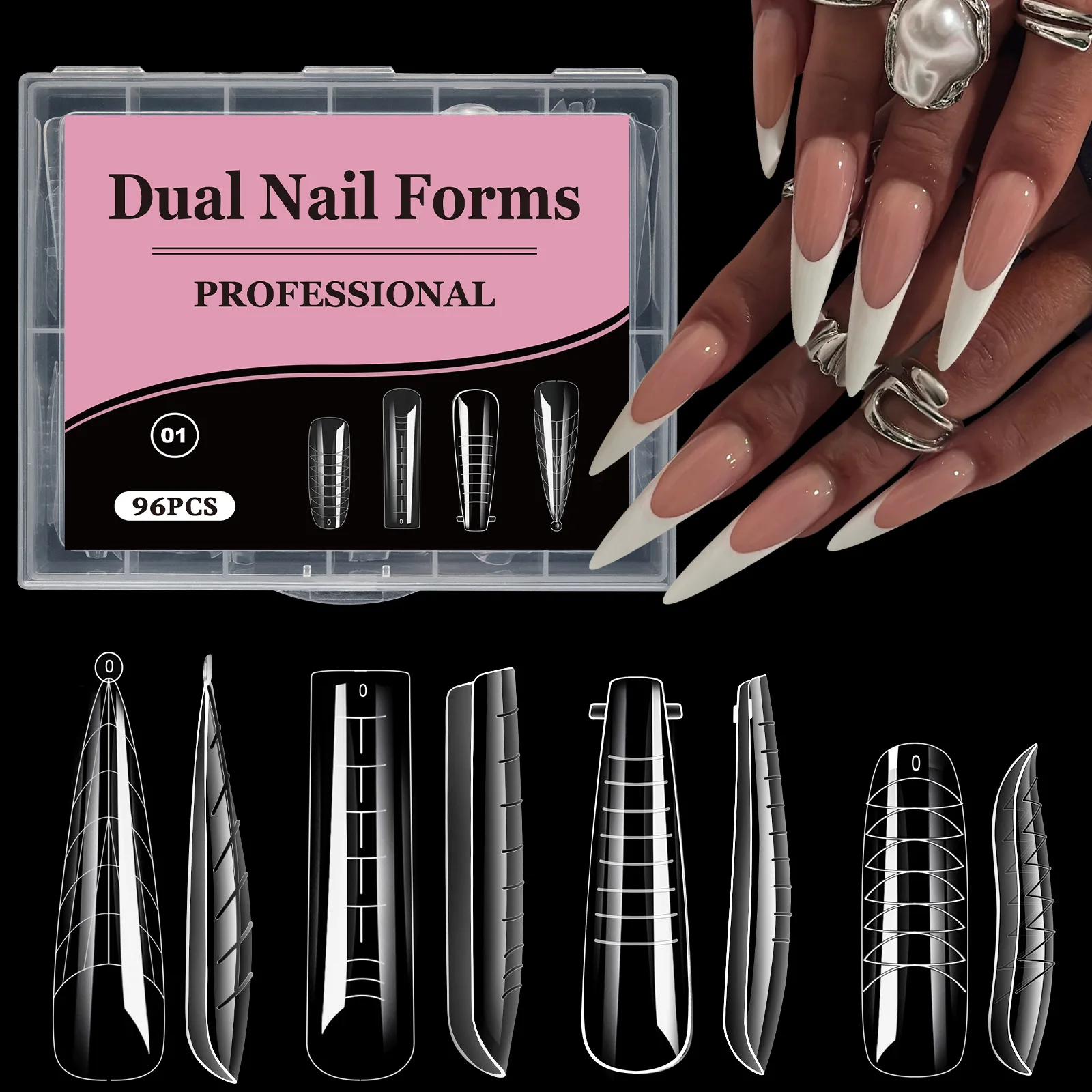 96 pz Stiletto Bara Trasparente Doppia Forma Punte False Costruzione Rapida Stampo Gel Strumenti di Arte Del Chiodo Copertura Completa Forme di Estensione Del Chiodo Top