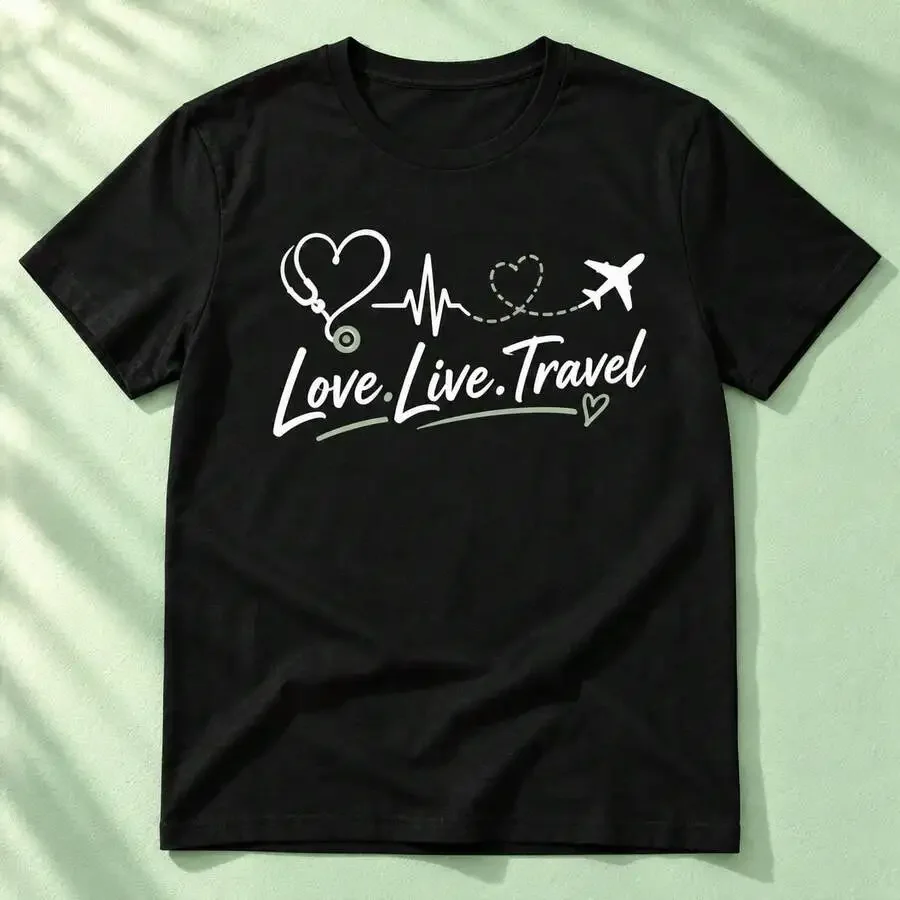 Love Live Travel Heart Pulse Plane Print Tee for Women Crew Neck Short Sleeve T-Shirt Summer Casual Vacation Adventure Cheap Top