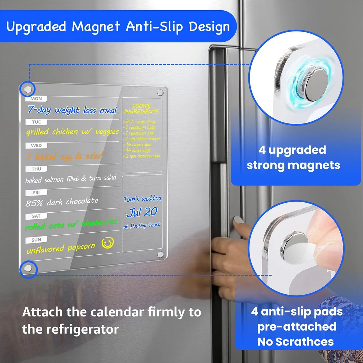 Acrylic Magnetic Weekly Menu Board for Kitchen,Acrylic Magnetic Dry Erase Board for Fridge,Reusable Meal Planner with 6 Color Ma