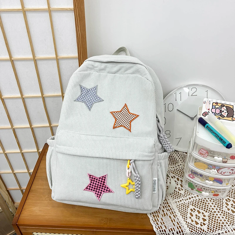 Solid Star Twist Zipper Large Capacity Corduroy School Bag Simple Backpack 2024 Hot Sale Bags for Girls and Boys Bolsos Colegio