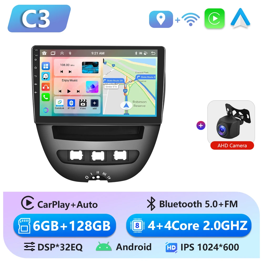 Podofo 6 + 128G Autoradio Voor Peugeot 107 Toyota Aygo Citroen C1 2004 - 2014 Draadloze CarPlay Android Auto GPS Multimedia Speler