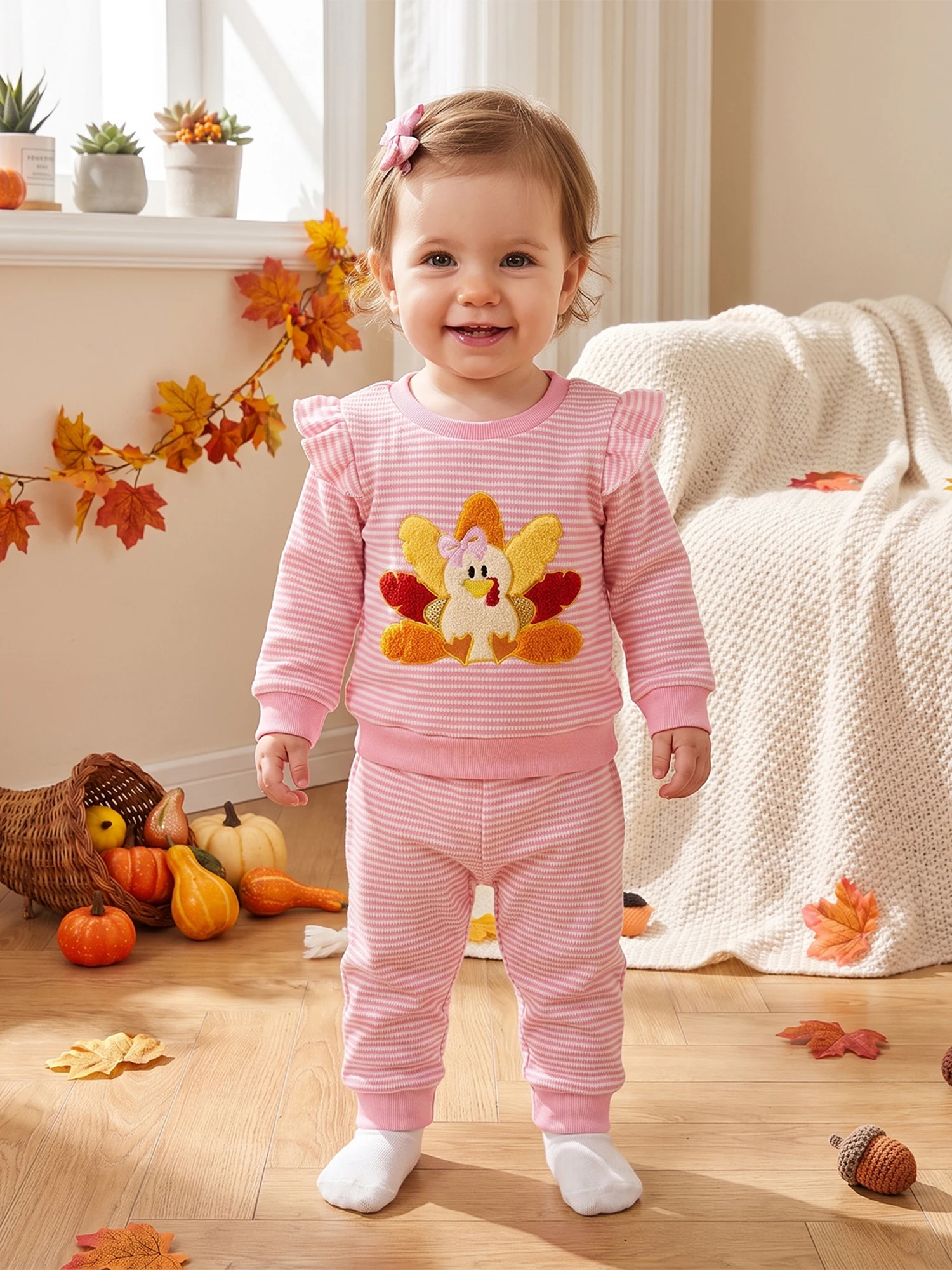 Outfit Ruffle Long Sweatshirt Girl Thanksgiving Long Sleeve Sweatshirt Stripe Sleeve Sweatshirt-Stripe-Pants