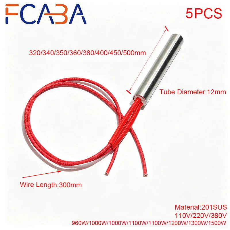 FCABA Stainless Steel 201 Electric Heater Element 5PCS 12mm 320~500mm Resistance Rod Cartridge Heater 110/220/380V Heating Tube