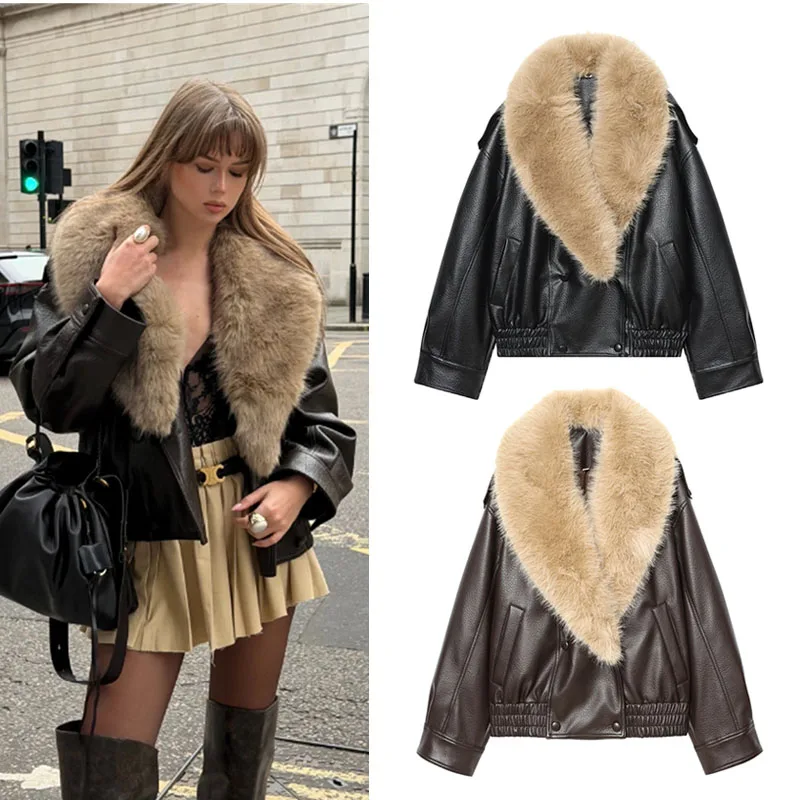 2026 Women's Vintage Faux Leather Jacket with Large Faux Fur Collar Double-Breasted, Short Winter Biker Street Style Coat