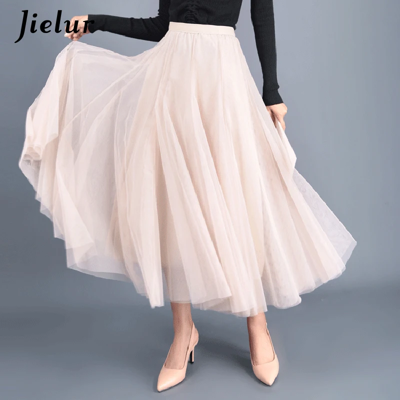 

3 Layer Elegant Tulle Skirts Womens Vintage High Waist A-line Black Skirts Mesh Pleated Long Maxi Saia Female Jupe Longue