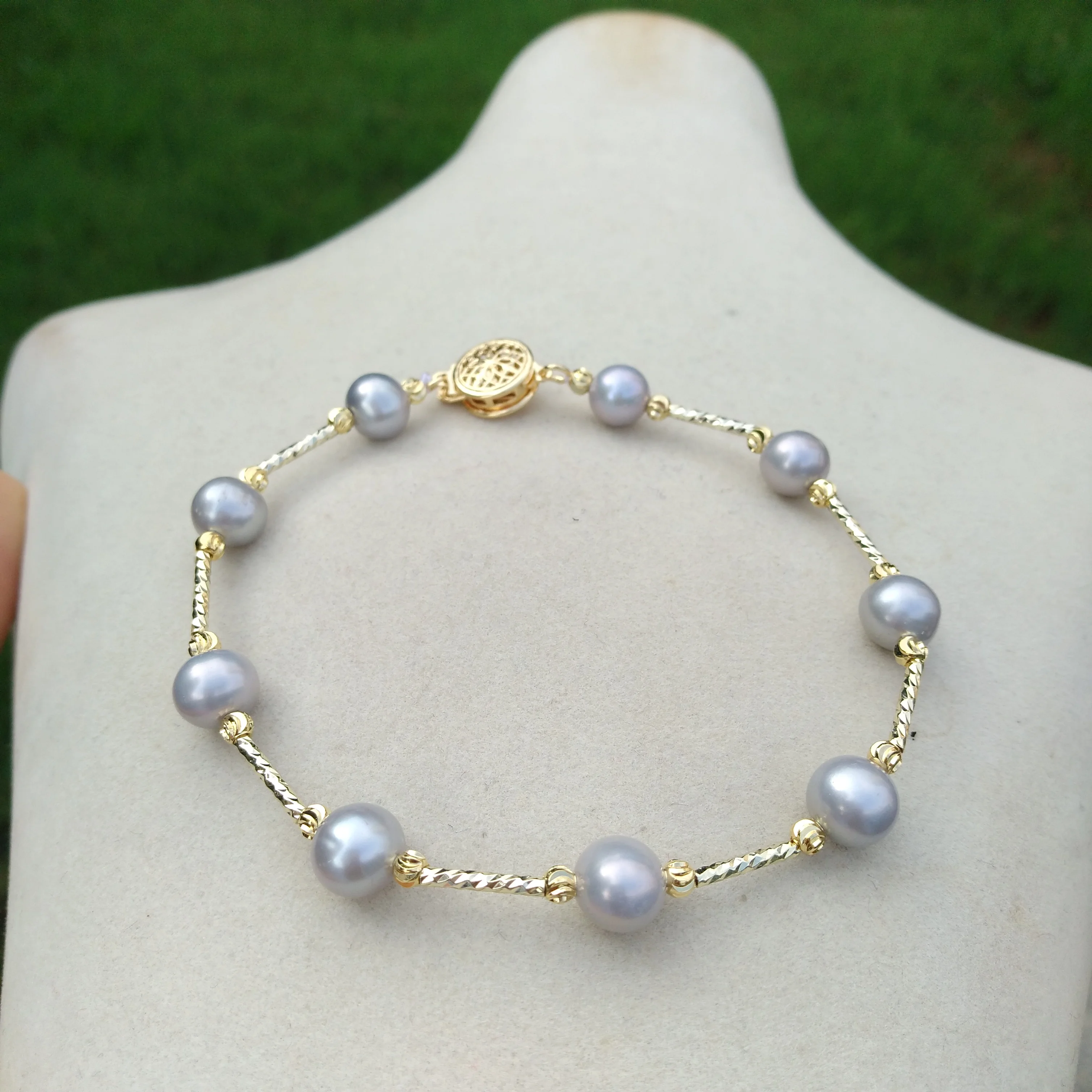 

7.5-8in Excellent Natural South Sea Real Gray 7-8mm Pearl Bracelet Genuine Birthday Gift 14K Gold Filled Free Shipping