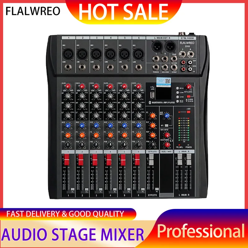 

FLALWREO Audio Mixer 6 Channels Professional DJ mixer LR microphone/line input, AUX,FX processor MP3, headphones, +48V Phantom