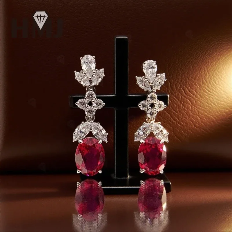 Edelstein-Ohrringe, gezüchteter Rubin, Saphir, ovaler Schliff, Moissanit, Marquise, rund, birnenförmig, S925 Sterling Silber Charms, luxuriös, trendig – Detail 7