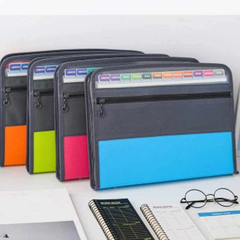 13 Pockets Expanding File Folder, Accordion Document Organizer A4 Size Zipper Closure 4 Pcs