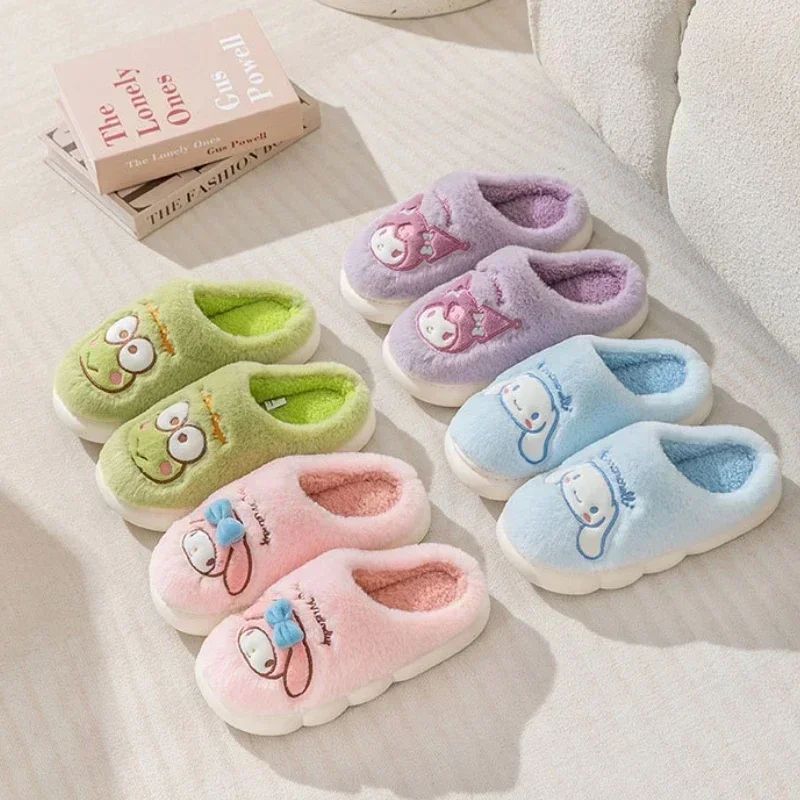 Kawaii Sanrio Slipperskuromi Melody Children Winter Non-slip Thick Bottom Warm Home Shoes Cartoon Cotton Parent-child Slippers