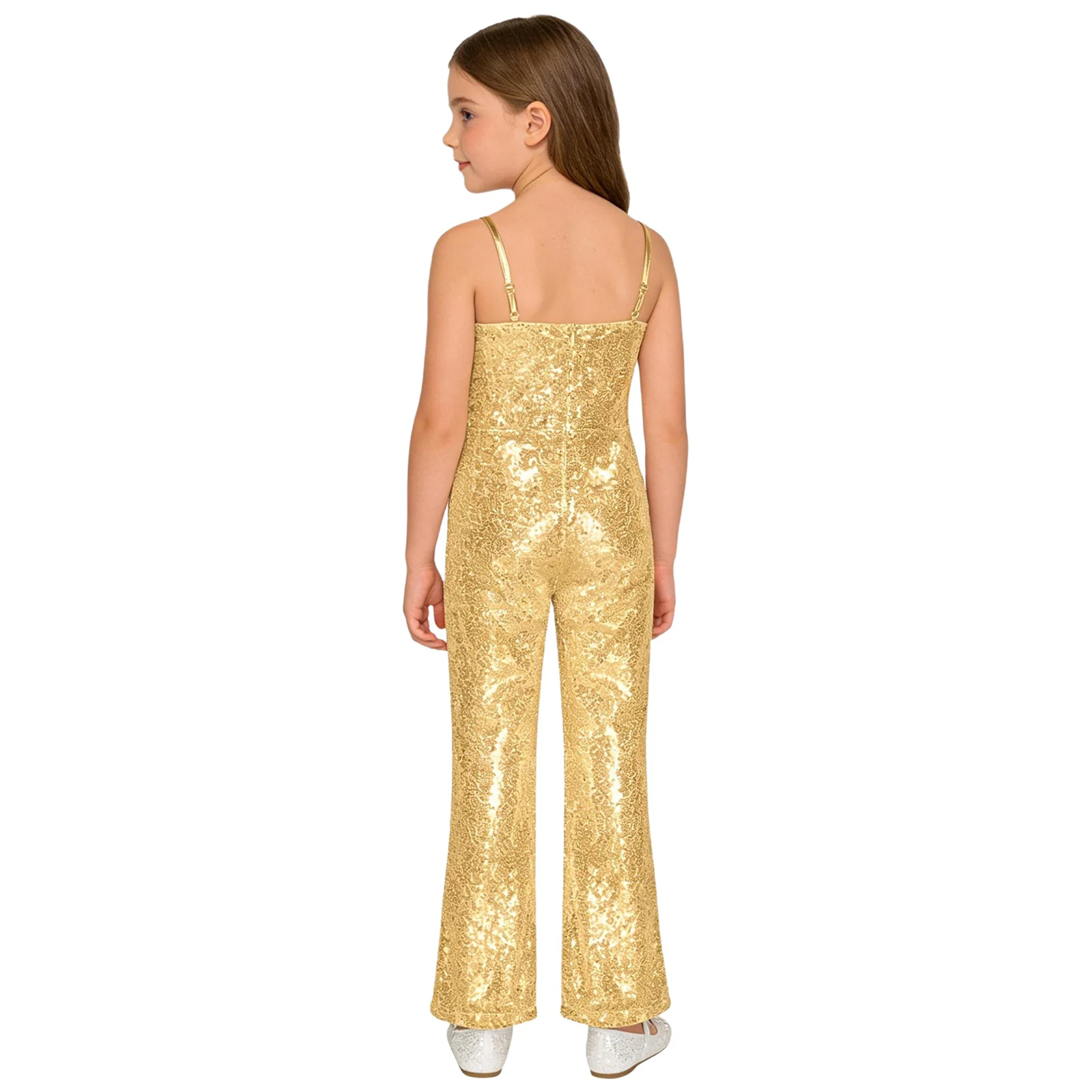 

Kids Girls Movie Doll Cosplay Jumpsuit 70s 80s Retro Hippie Disco Jazz Dance Costume Shiny Sequins Zipper Bell Bottom Bodysuit