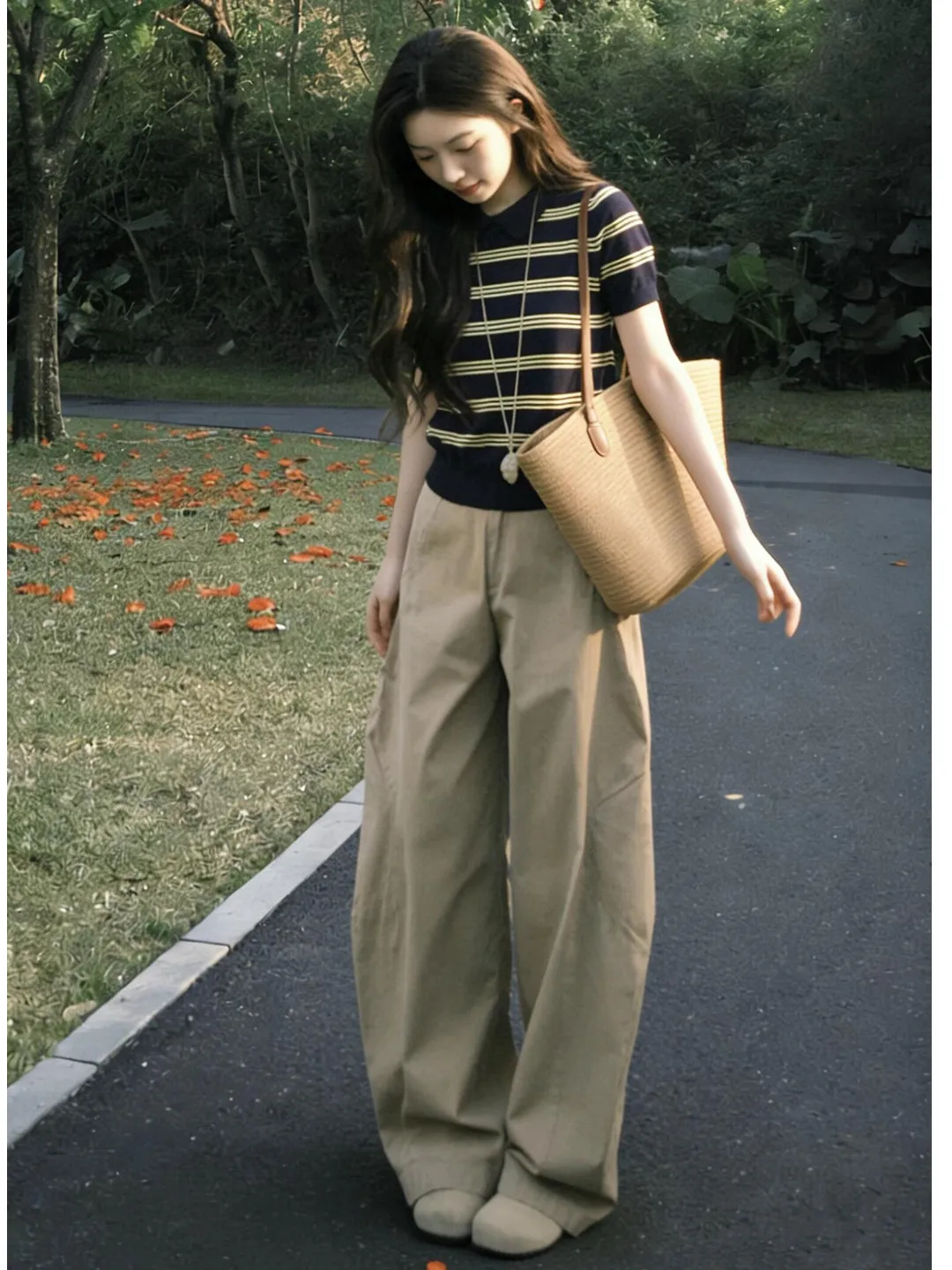 

Korean Style Striped Top Wide Leg Pants Set Women Summer New Elegant Complete Outfit OOTD Matching Breathable Lightweight