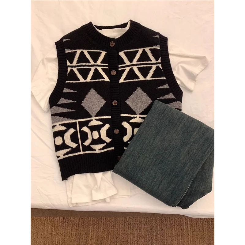 

Early Spring New Sle Layered Vintage Embroidered Color Blo Knitted Cardigan Women's College Sle Open-irt Vest Top