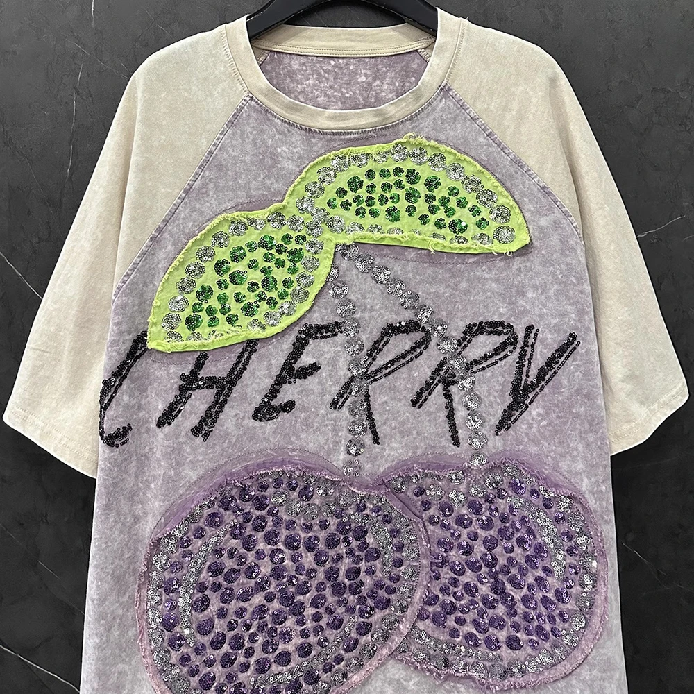 

Plus Size Tee Summer Design Color Blocked Sequin Short Sleeved T-shirt Women Loose Casual Round Neck Half Sleeved Top