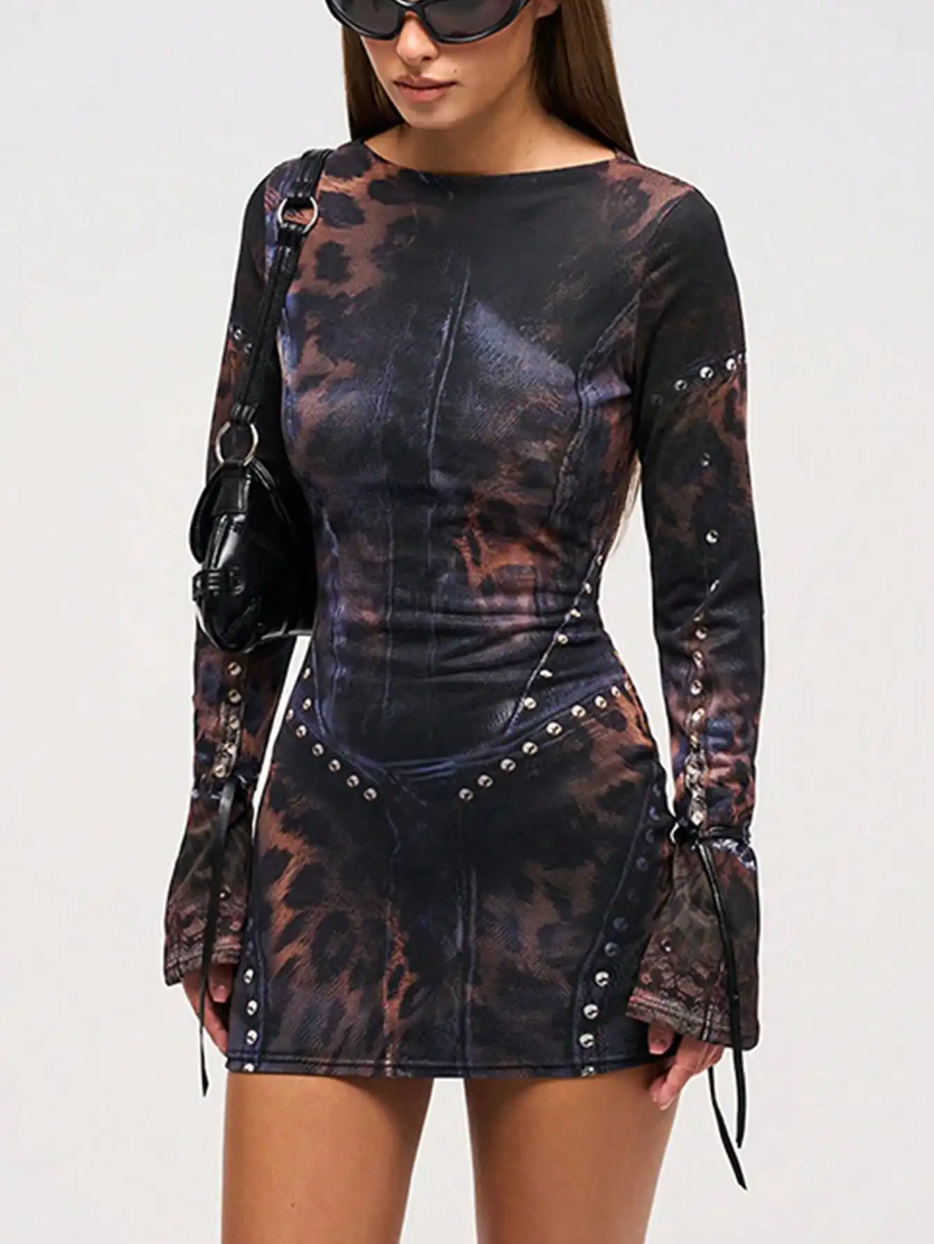 

Leopard Print Long Sleeve Bodycon Dress with Studs and Lace-Up Sleeves for Party Night Out