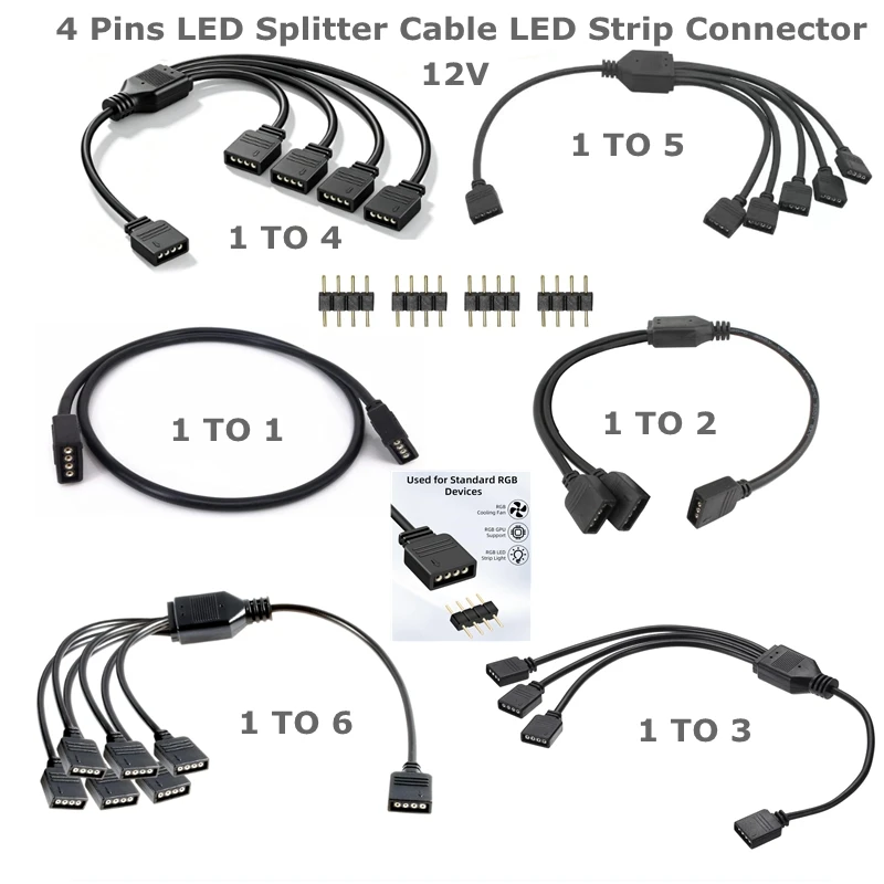 12v 4 Pin RGB Splitter Cable,1 to 1/2/3/4/5/6 RGB Adapter Connector for Extending PC RGB Fans/LED Lights,with Male 4 Pin Plugs