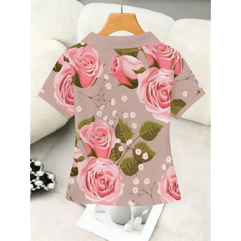 Stylish and versatile buttonless chic women's polo shirt for commuting – floral pattern (red garden roses and pink petals)