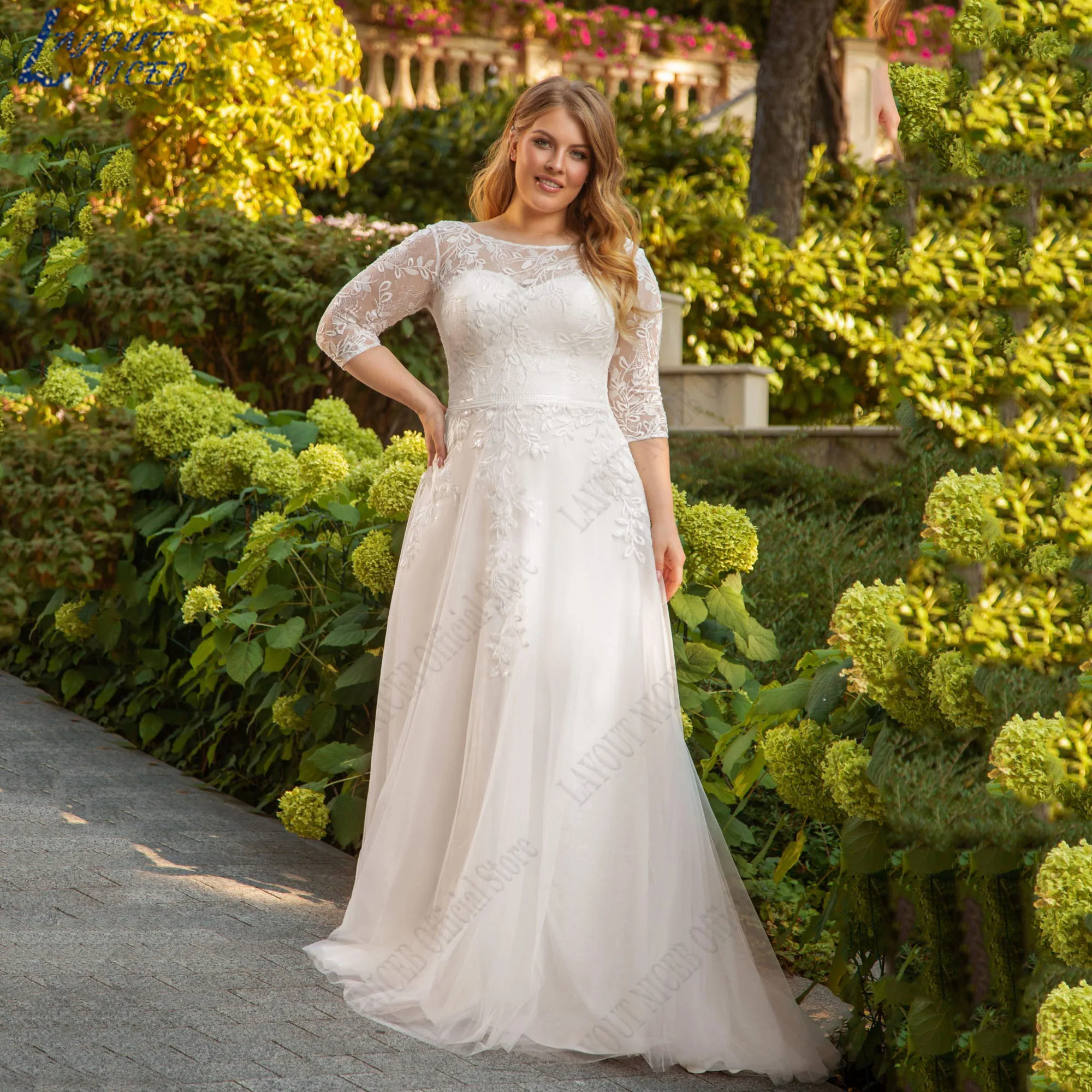 

LAYOUT NICEB O-Neck Appliques Weddinh Dresses 3/4 Sleeves A-Line Oversize Lace vestidos de novia Backless Bride Gowns Customized