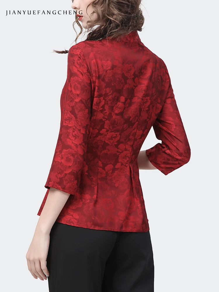 Women\' Red Jacquard Flowers Shirt Long Sleeve V-Neck Spring Summer Tops Vintage Slim Fit 2024 New Ladies Embroidered Blouses