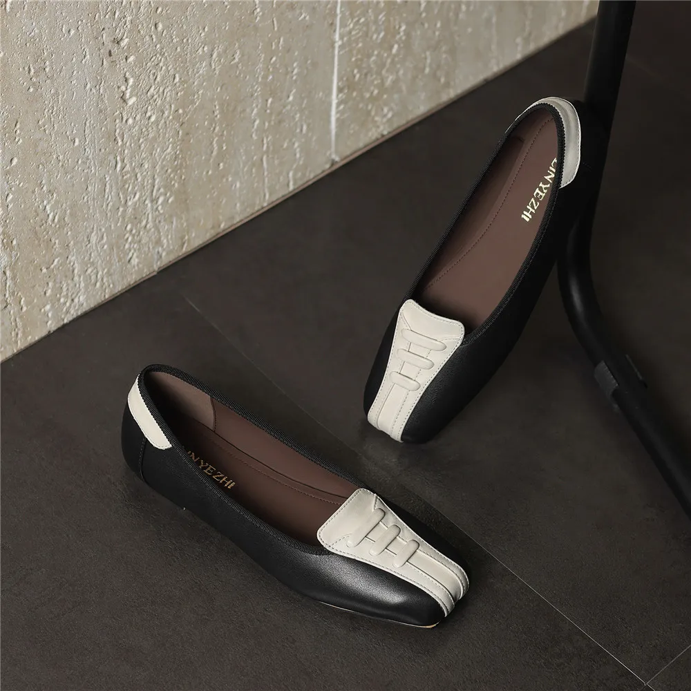 Aucegi تصميم جديد للنساء مريح مسطح القاع موضة ساحة تو مختلط اللون جلد طبيعي عدم الانزلاق فستان العمل أحذية الحياة اليومية