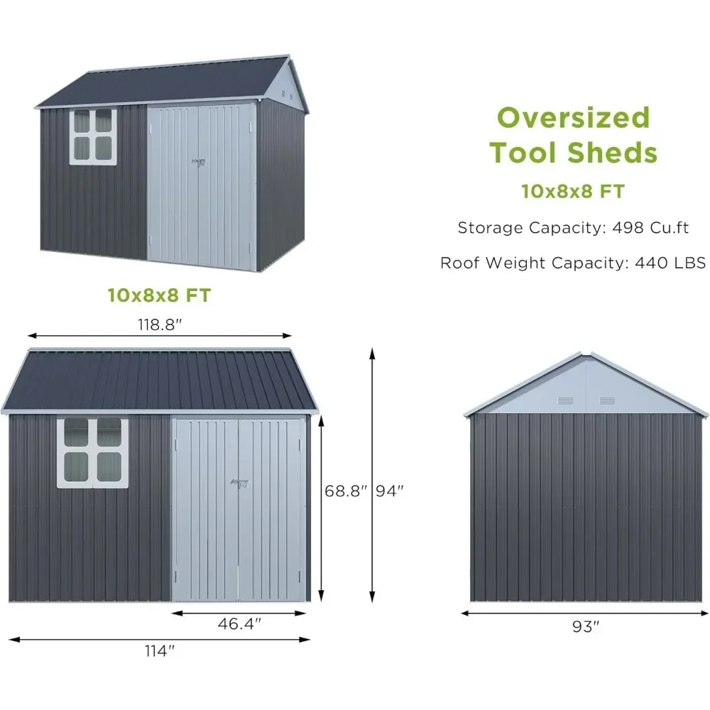 10x8x8 FT Outdoor Storage Shed Nordic Cottage Shed Double Hinged Lockable Doors 4 Vents Metal Shed