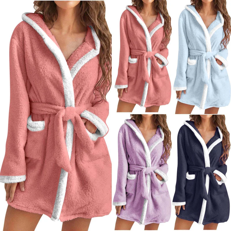 

Autumn and Winter Warm Bathrobe Hooded Home Clothes Plush Pajamas Nightgown