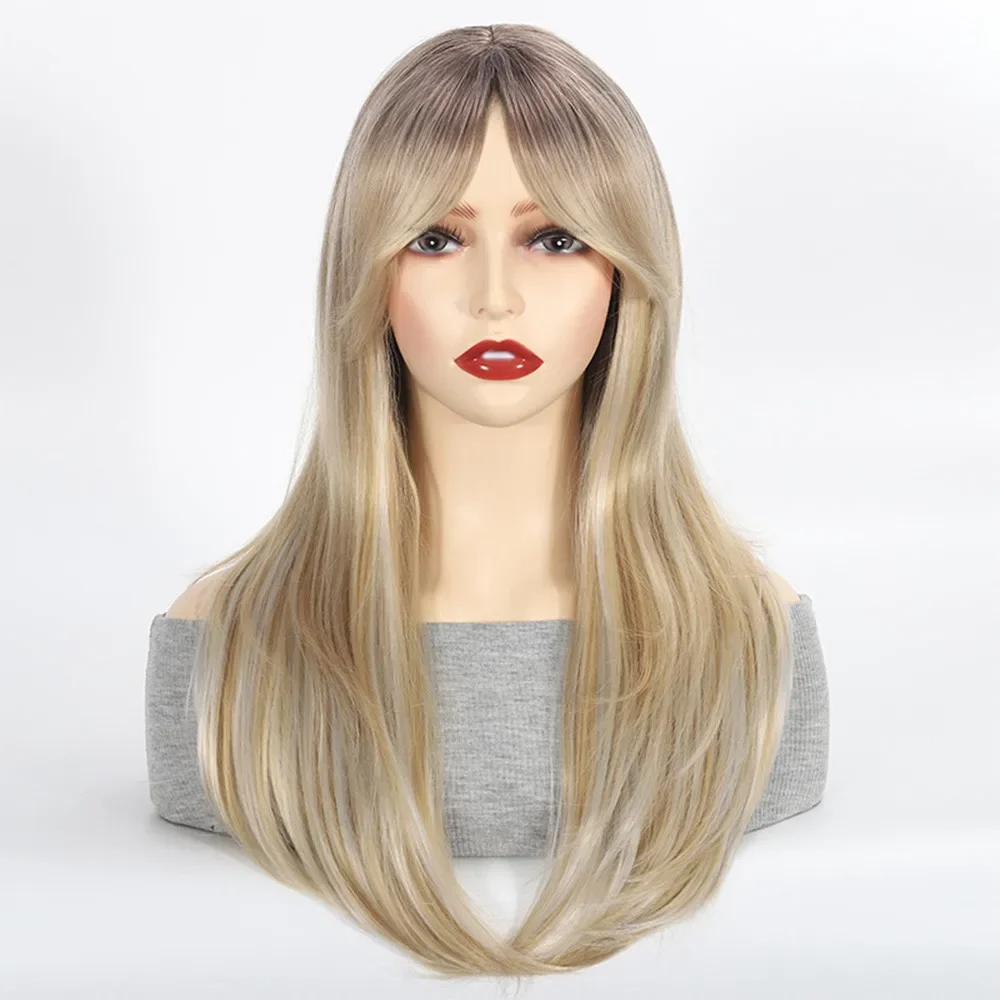 Gradient Gold Gray Long Straight Synthetic Wig Women Simulation Cosplay Full Head Cover