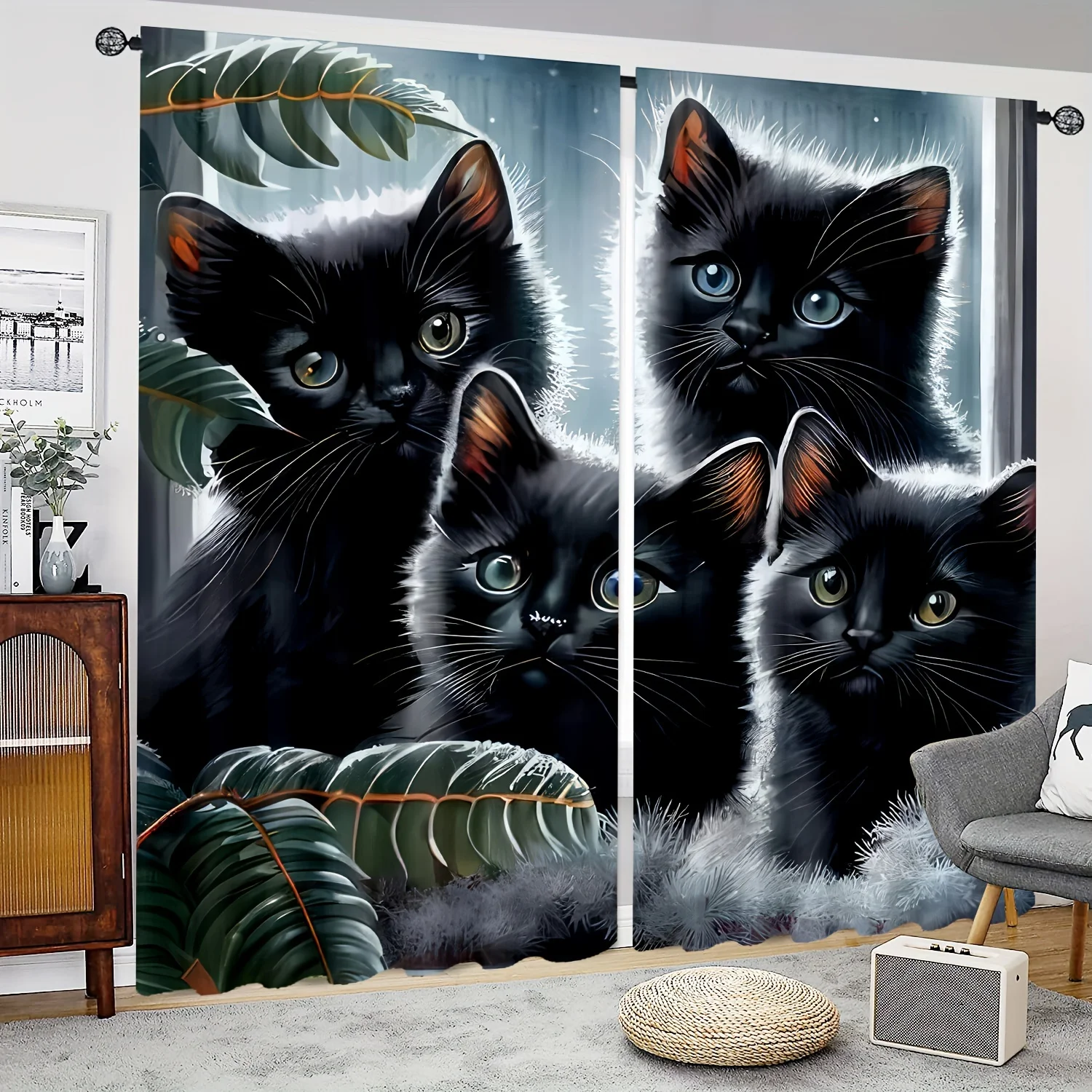 

2pcs Rustic Animal Cat Print Semi Blackout Curtains Fashionable Curtains For Bedroom Office Kitchen Living Room Study Room Home