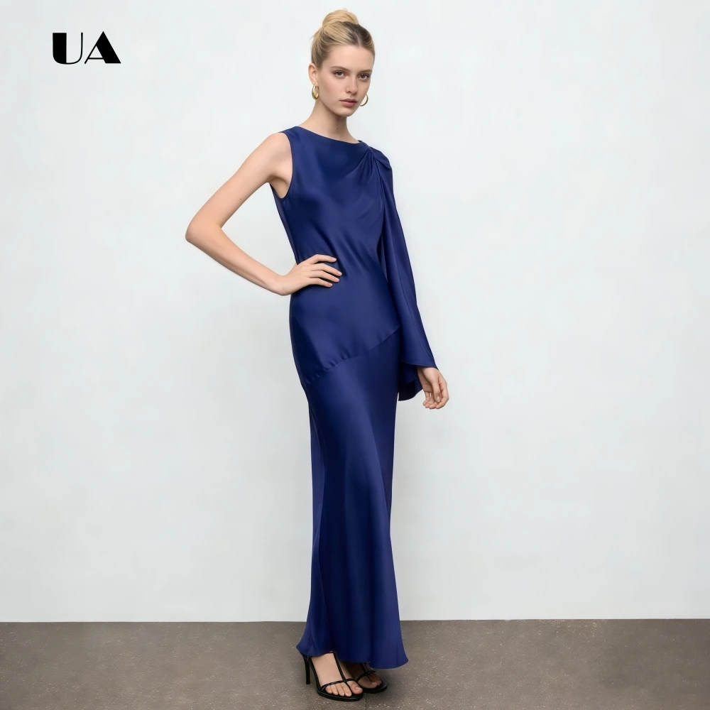 

Elegant Satin Straight Prom Dress with Draped One-shoulder, Solid Scoop Neck Evening Dresses for Women, Customized Party Gown