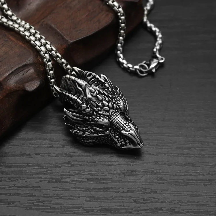 Men 316L Stainless Steel Dragon Head Pendant Necklace Vintage Fantasy Dragon Amulet Box Chain Punk Gothic Biker Jewelry Gift