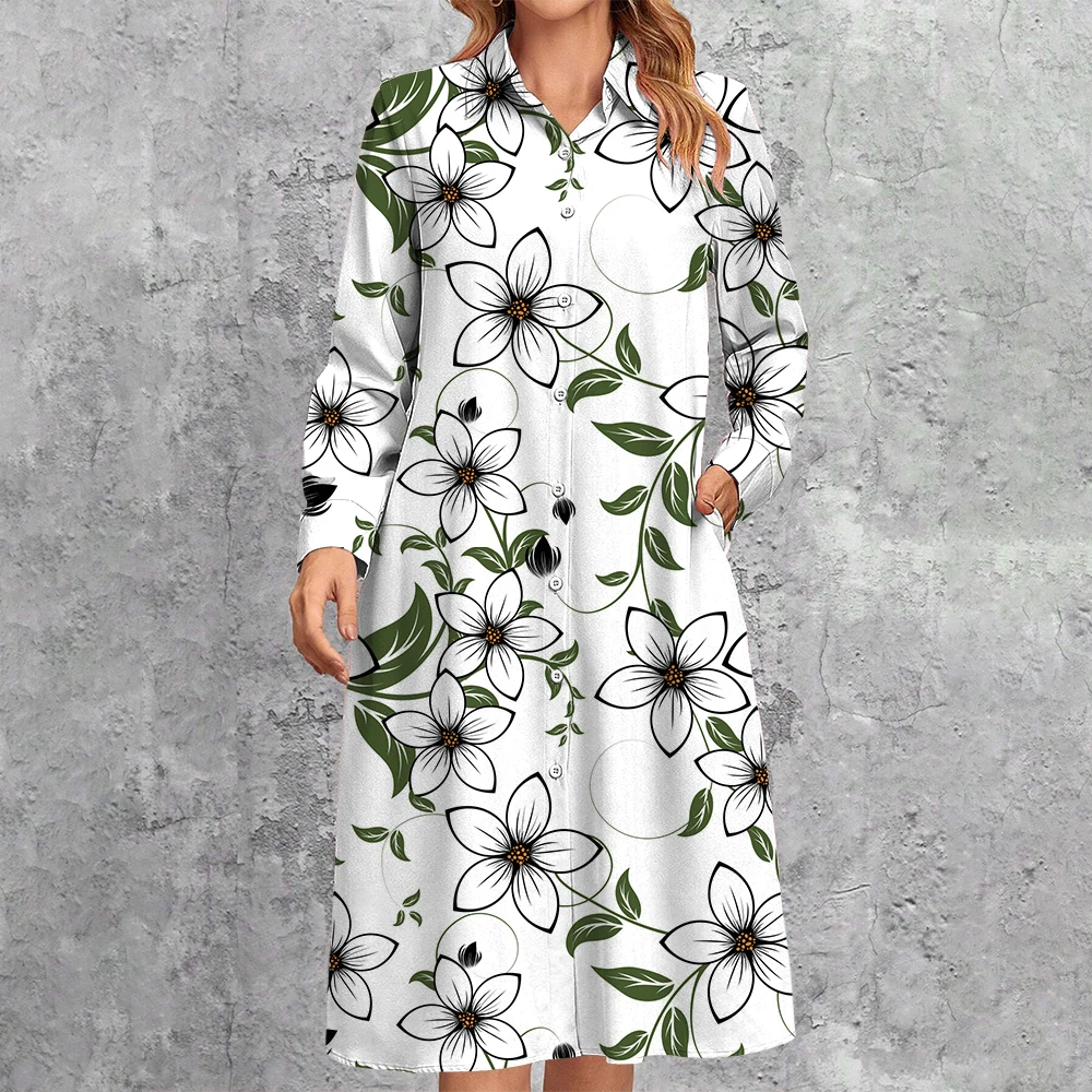 

Elegant Floral Printed Midi Shirt Dress For Women Boho Turn-Down Collar Long Sleeve Dresses 2024 Single Breasted Pocket Sundress