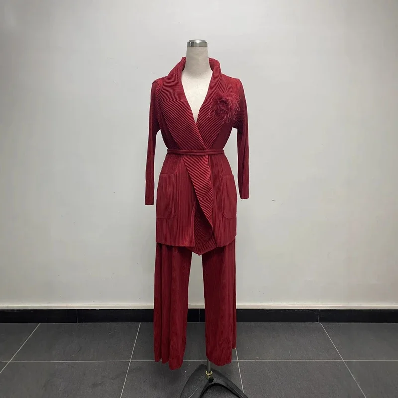 Damespak Miyake effen kleur vest met lange mouwen Top + elastische taille Broek van negen minuten Tweedelige set 2025, zomermode