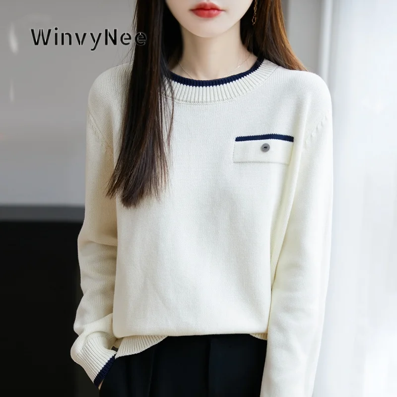 WinvyNee Women Decorative Button Pocket Knitwear 100% Cotton Crew Neck Long Sleeve Pullover Sweater Autumn Winter Wear ZA1892008