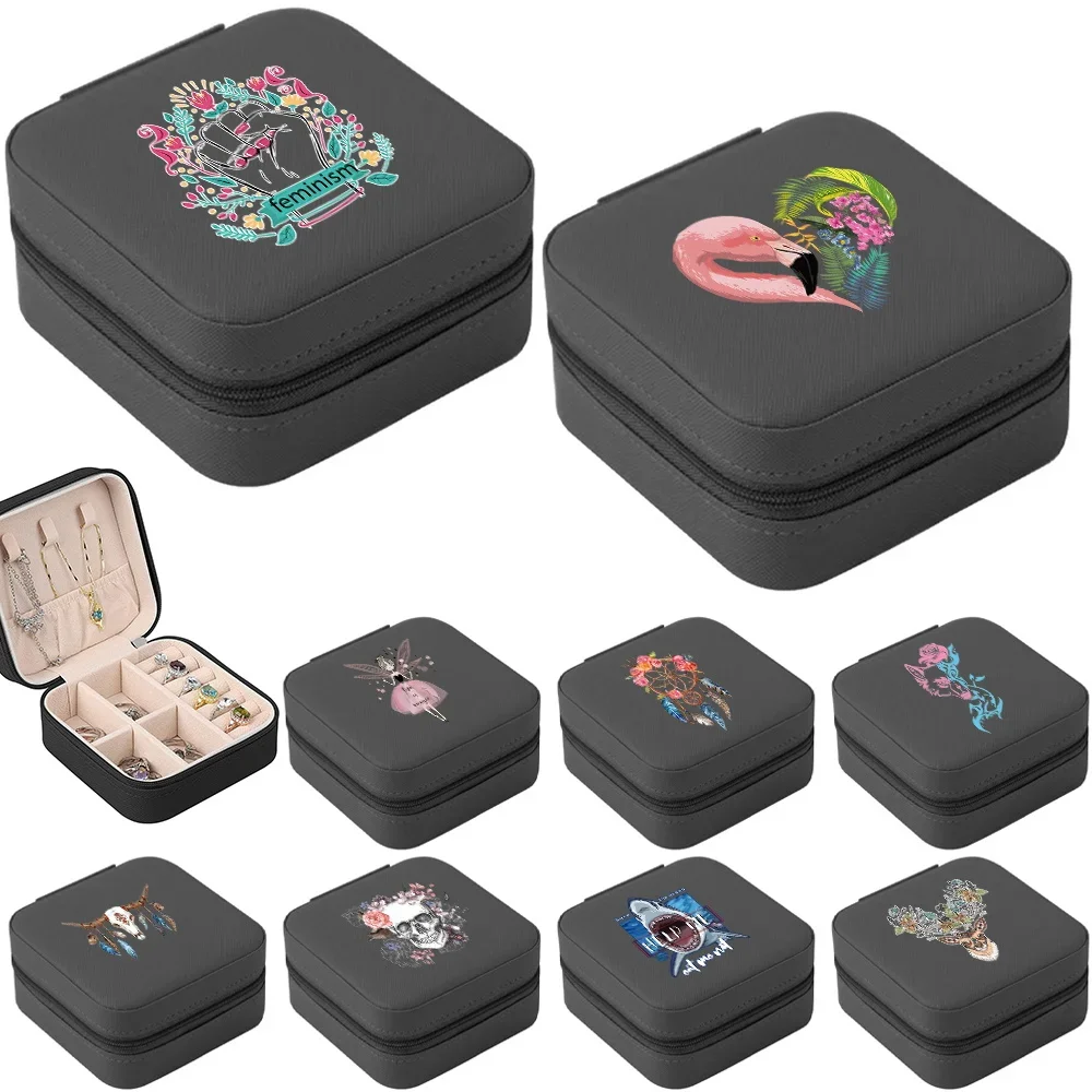 Caja de almacenamiento de joyería de viaje, pendientes de doble anillo, organización de Color, bolso con cremallera estampado de flamenco, caja de cuero con solapa grande, 2024