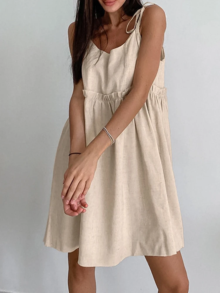 Summer Khaki Linen Dress Women Elegant Spaghetti Strap A-Line Loose Dresses Fashion Ruched Lace-Up Sexy Mini Robe Femme