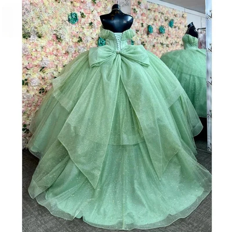 Vestido De baile verde salvia con volantes y lazo, corsé con cuentas De cristal brillante, 15 Años