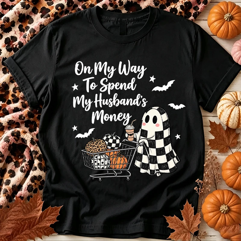 Cute Checkered Ghost Shopping Cart Pumpkin Halloween Graphic Tee Women's on My Way To Spend My Husband's Money Halloween T Shirt