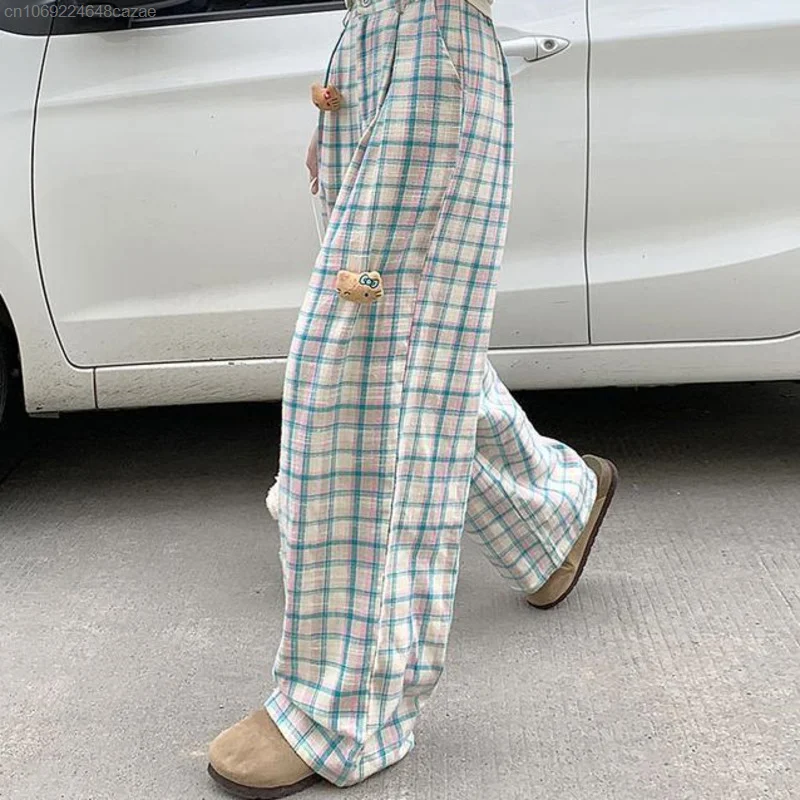 Sanrio Plaid Wide Leg Pants With Hello Kitty Accessories Detachable Women Korean Fashion Loose Trousers Y2k High Street Pants