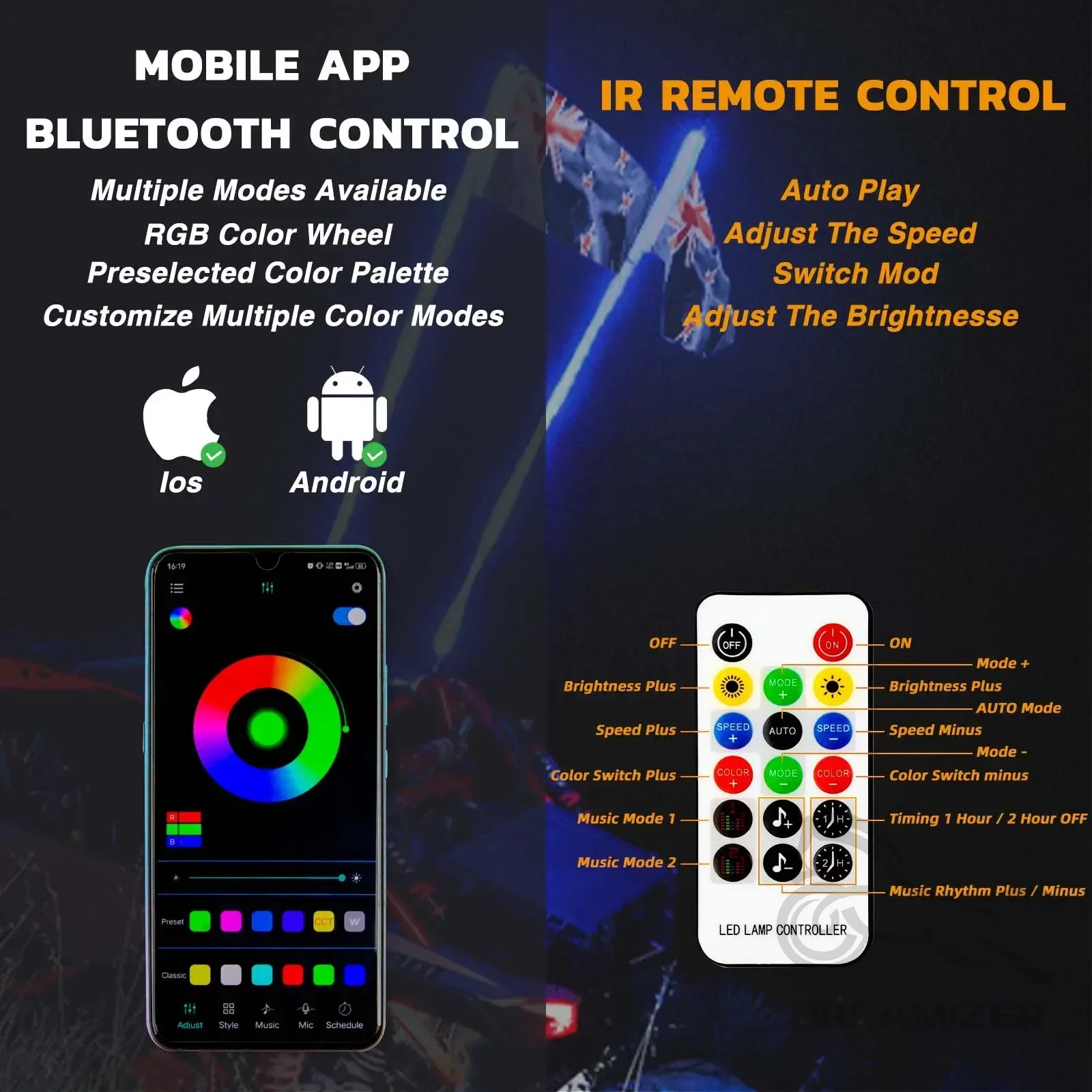 3FT светодиодный светильник Whips Light APP RF Music Control RGB для внедорожников, авто ATV UTV RZR с танцующим/закрытием, антенным светом