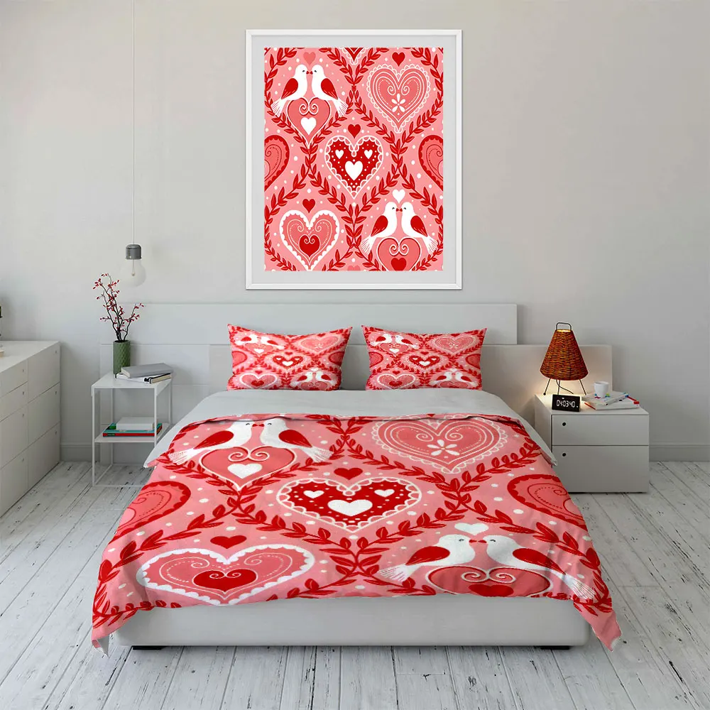 Hearts and Lovebirds Pattern Pattern Duvet Cover Set Digital Print Colorful Polyester Bedding with Zipper Closur for kids gifts 4