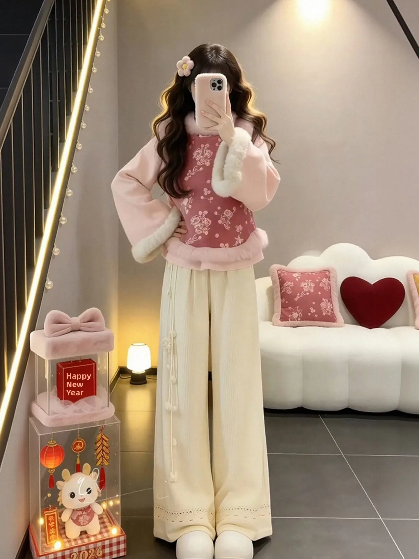 

Winter Faion plus Size Tee Piece Set New Chinese Sle Fluffy Vest And Casual Pants High Waist Wide Leg Trousers for Women