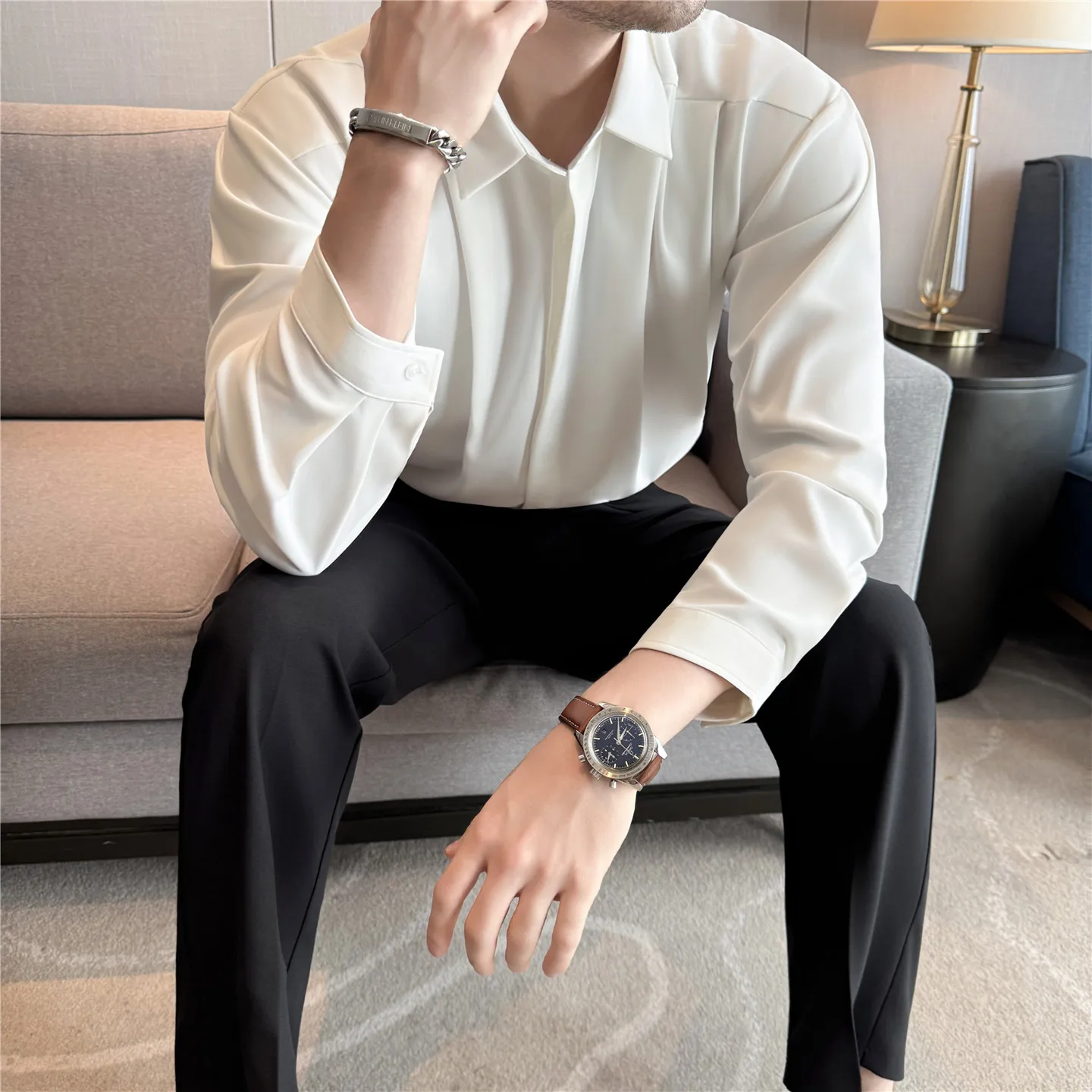 High Quality Loose Pleated Shirt for Men Solid Color Long Sleeved Casual Shirt Versatile Business Social Streetwear Shirts 2025