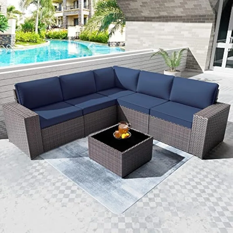 

6 Piece Outdoor Furniture Patio Set, Modern All Weather Wicker Patio Parlor Set with 5 Black Brown Chairs and Coffee Table